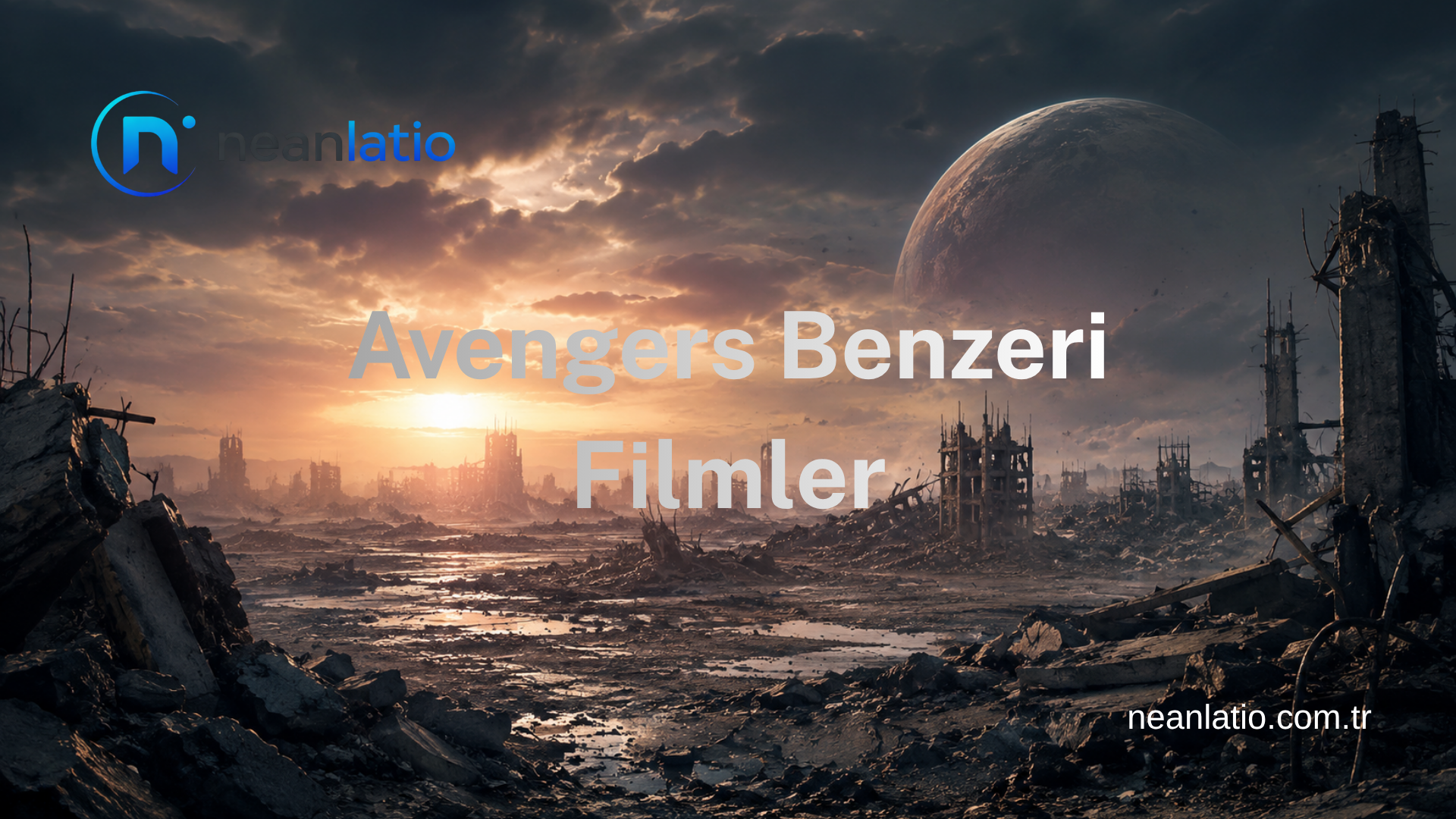 Avengers benzeri filmler için hazırlanmış kıyamet sonrası gezegen ve yıkılmış şehir manzarası