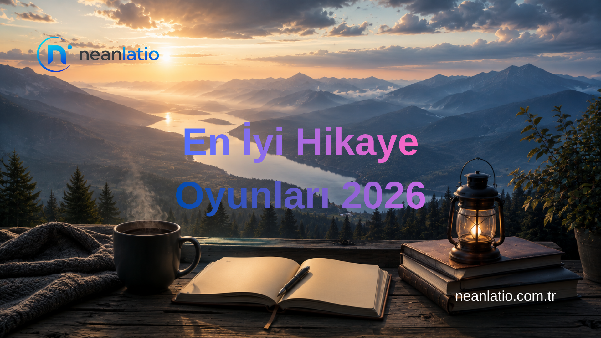 En iyi hikaye oyunları için hazırlanmış kitaplar, not defteri ve dağ manzarasından oluşan atmosferik görsel