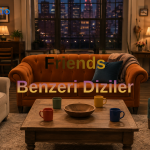Friends benzeri diziler için hazırlanmış sıcak ve samimi sitcom atmosferini yansıtan oturma odası görseli