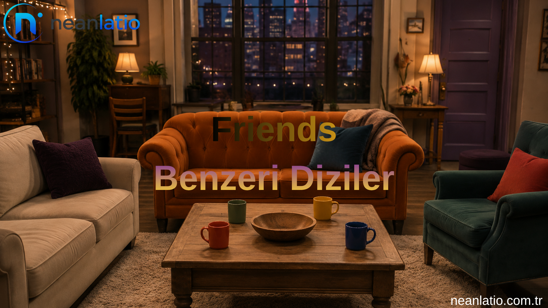 Friends benzeri diziler için hazırlanmış sıcak ve samimi sitcom atmosferini yansıtan oturma odası görseli