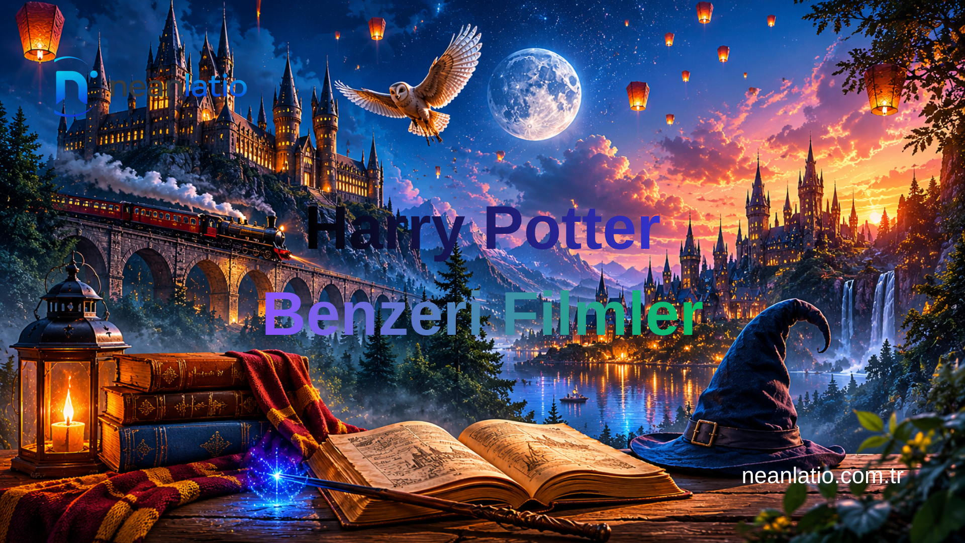Harry Potter benzeri filmler için büyülü kale, fantastik manzara ve sihir temalı görsel